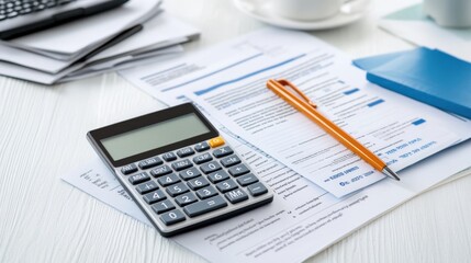 Calculator, documents, pen, and office supplies on a white wooden desk for financial planning and organization