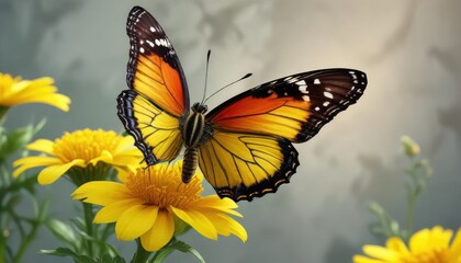 Obraz premium Colorful butterfly sipping nectar from a bright yellow flower, colorful, yellow flower