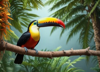 Obraz premium Colorful toucan bird on a coconut tree branch with leaves, bird habitat, colorful plumage, natural environment