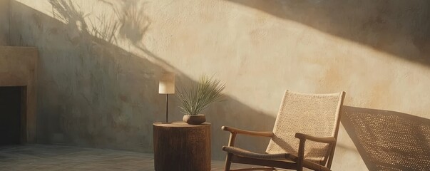 A serene interior space featuring a wooden chair, a small table with a plant, and soft sunlight casting shadows on a textured wall.