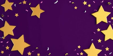 Confetti Stars with Golden Edges on a Dark Purple Background, festive colors, snowy landscape