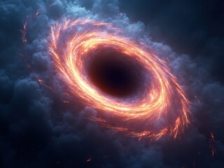 Fototapeta premium Visualization of a black hole surrounded by swirling gas and glowing particles in the depths of space