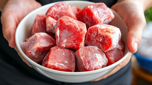A person is holding a bowl of frozen meat. The meat is cut into small cubes and is covered in ice. The bowl is white and the person is wearing a black apron