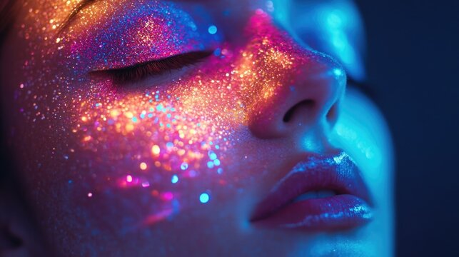 A woman with colorful face paint and glitter on her face. The colors are bright and vibrant, giving the impression of a fun and playful atmosphere