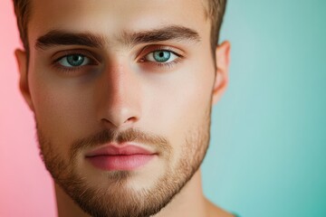 Obraz premium Close-Up Portrait of a Young Man with Striking Blue Eyes and a Stylish Beard
