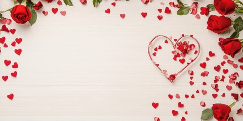 Romantic Valentine's Day Frame with Red Roses and Heart Confetti.