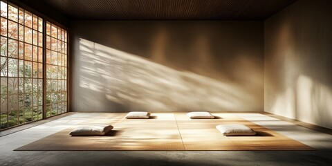 A serene, minimalist room with cushions, bathed in gentle sunlight filtering through large windows, creating a peaceful atmosphere.