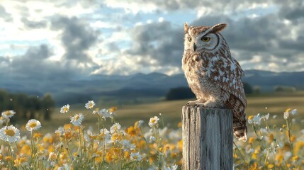 A majestic owl rests on a weathered wooden fence post, surrounded by vibrant wildflowers under a cloudy sky in the evening light