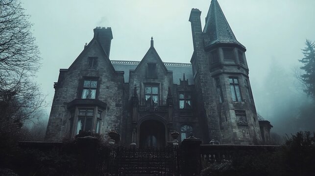 Misty and imposing old manor house with gothic architecture shrouded in fog