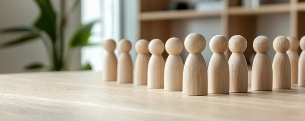 A row of wooden figurines stands on a table, symbolizing teamwork, community, or collaboration in a modern, minimalistic setting.