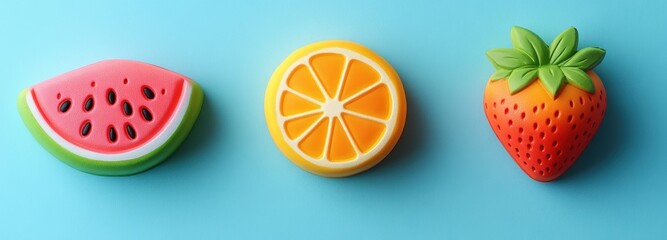 Colorful fruit-shaped squishy toys on a pastel blue background for playful fun