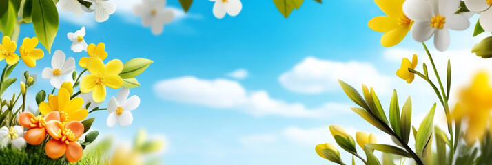 Obraz premium Spring Flowers and Blue Sky - Vibrant spring flowers against a clear blue sky with fluffy white clouds. Perfect for spring themes, nature, and tranquility.