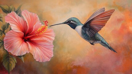 Naklejka premium Hummingbird feeding on hibiscus flower, tropical garden, sunset background, nature art print