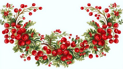 Festive winter garland with red berries and evergreen branches on white background, perfect for holiday cards, seasonal decorations and Christmas designs.
