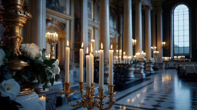 An elegant hall adorned with glowing candlelight, showcasing ornate decor and architectural grandeur in a warm, ambient setting.