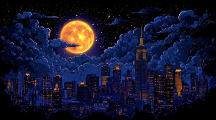 Pixel art cityscape at night, large orange moon, dark clouds.