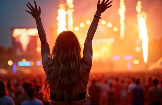Young woman enjoys outdoor music festival. Raises arms in excitement. Large crowd present at stage. Fireworks light up sky. Summer night party shows fun, music energy. Music fills air. Vibrant,