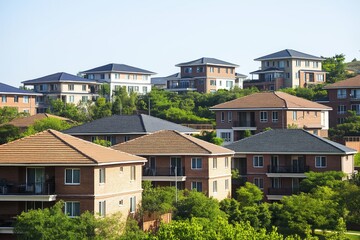 Suburban houses in Hebei China captured from above showcasing faded colors and developed neighborhood layout