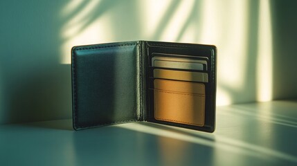 Obraz premium An empty wallet lying open on a plain white table, with no money or cards inside, under soft lighting, symbolizing financial distress