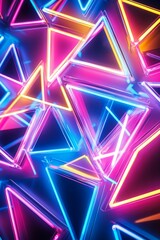 Neon triangles create vibrant, geometric pattern, layered.