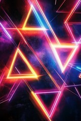 Glowing, colorful triangles layered on textured dark background.