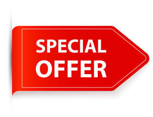 Red arrow shaped special offer label tag with curved corner and white text on white background representing promotion, discount and marketing