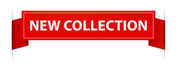 Red ribbon banner displaying new collection in white text, creating an eye catching element for e commerce and marketing applications, perfect for promotions and online retail
