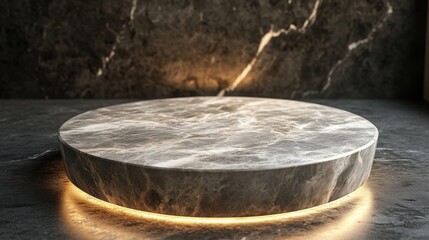 Fototapeta premium A round marble podium, showcasing a beauty product, with subtle lighting and a smooth, luxurious texture, creating a modern and elegant atmosphere