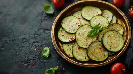 A minimalistic arrangement of freshly baked zucchini slices garnished with basil and red pepper flakes on a decorative plate