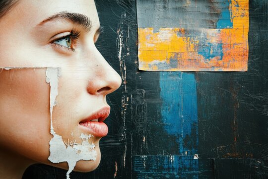 Torn paper billboard blends with portrait showcasing urban art on a wall during daylight - Powered by Adobe