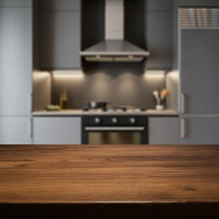 Fototapeta premium Wooden table surface in foreground, blurred modern kitchen background, minimalist kitchen design, neutral color palette, floating wooden shelf, stainless steel sink, cooking utensils hanging, ceramic 