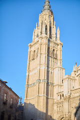 Fototapeta premium The Cathedral of Toledo, a magnificent example of Gothic architecture in Castilla la Mancha, Spain, renowned for its intricate details and historical significance