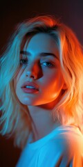Fototapeta premium Contemporary Portrait of a Woman with Blonde Hair and Pink Light