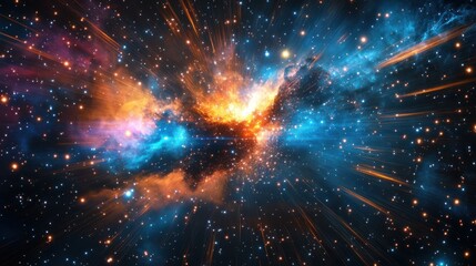 Obraz premium Bright cosmic explosion in space with orange and blue nebula and stars