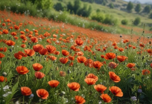 Des coquelicots en fleur dans les champs d herbes aromatiques , fleur, paysage