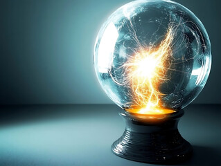 Mystical energy sphere glowing inside a crystal ball on a dark surface.  Perfect for concepts of divination, future, technology, innovation, or abstract art.