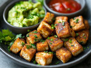 Deliciously crispy tofu served with guacamole and salsa