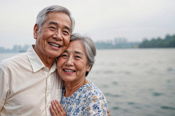 Obraz premium Portrait of happy senior Asian couple standing by a lake