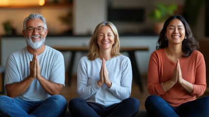 Happy Diverse Group of Adults Practicing Mindfulness Meditation in Modern Living Room Setting