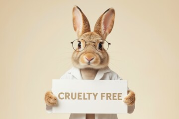 Obraz premium cute rabbit holding a sign with the word cruelty free