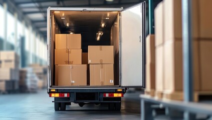 A truck unloading boxes inside an industrial warehouse.
The scene captures the process of transportation in action, with cargo boxes being loaded.