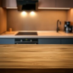 Wooden table surface in foreground, blurred modern kitchen background, minimalist kitchen design, neutral color palette, floating wooden shelf, stainless steel sink, cooking utensils hanging, ceramic 