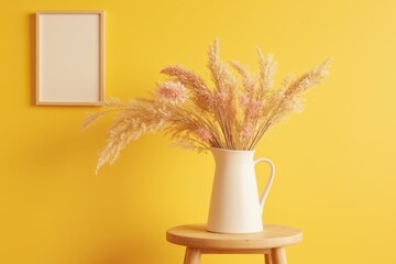 yellow wall with vase and frame
