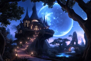 This enchanting fairy tale illustration features a mystical castle surrounded by a dreamy landscape, perfect for celebrating World Book Day with imagination and wonder.