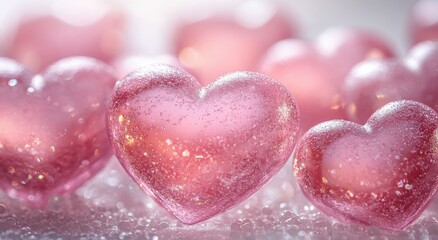 Obraz premium Sparkling Pink Glass Hearts Romantic Valentine s Day Background