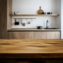 Wooden table surface in foreground, blurred modern kitchen background, minimalist kitchen design, neutral color palette, floating wooden shelf, stainless steel sink, cooking utensils hanging, ceramic 