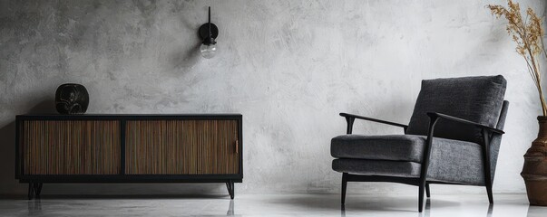 A sleek living room with a charcoal gray armchair