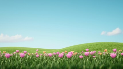 Obraz premium Lush Green Landscape with Colorful Tulips Under Clear Blue Sky and Soft Clouds in Bright Daylight