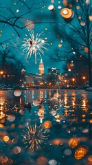 Obraz premium Cityscape Fireworks Reflection Night Winter Scene