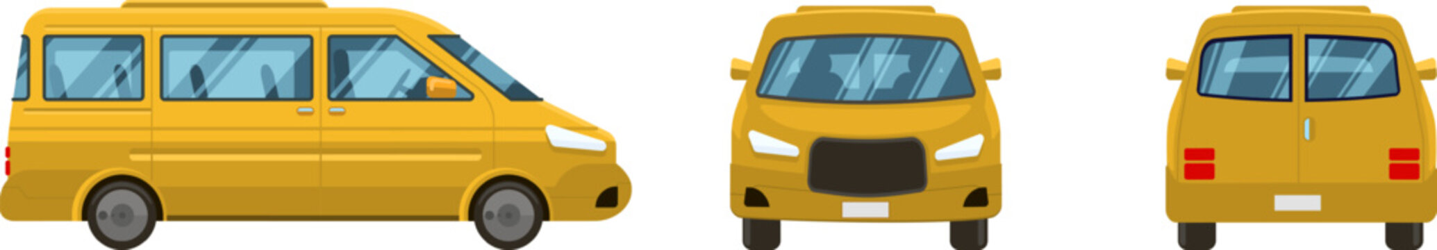 Three vector illustrations presenting a yellow minivan from its front, side and rear view, showcasing its design and features for transportation purposes
